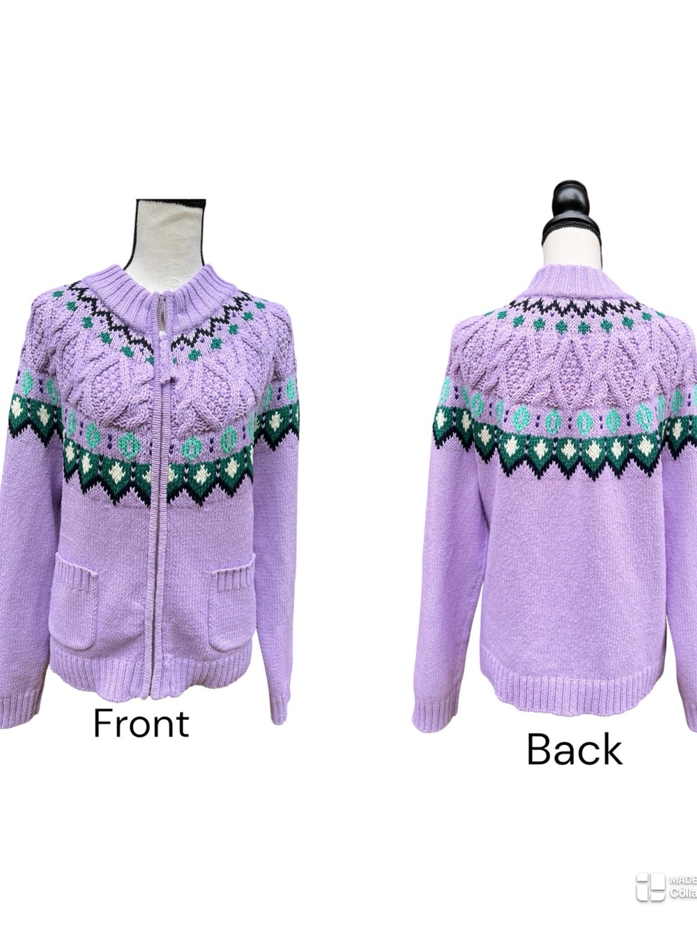 Talbots Lavender Purple Cable Knit Fair Isle Full Zip Cardigan Sweater Women’s L - Picture 4 of 10